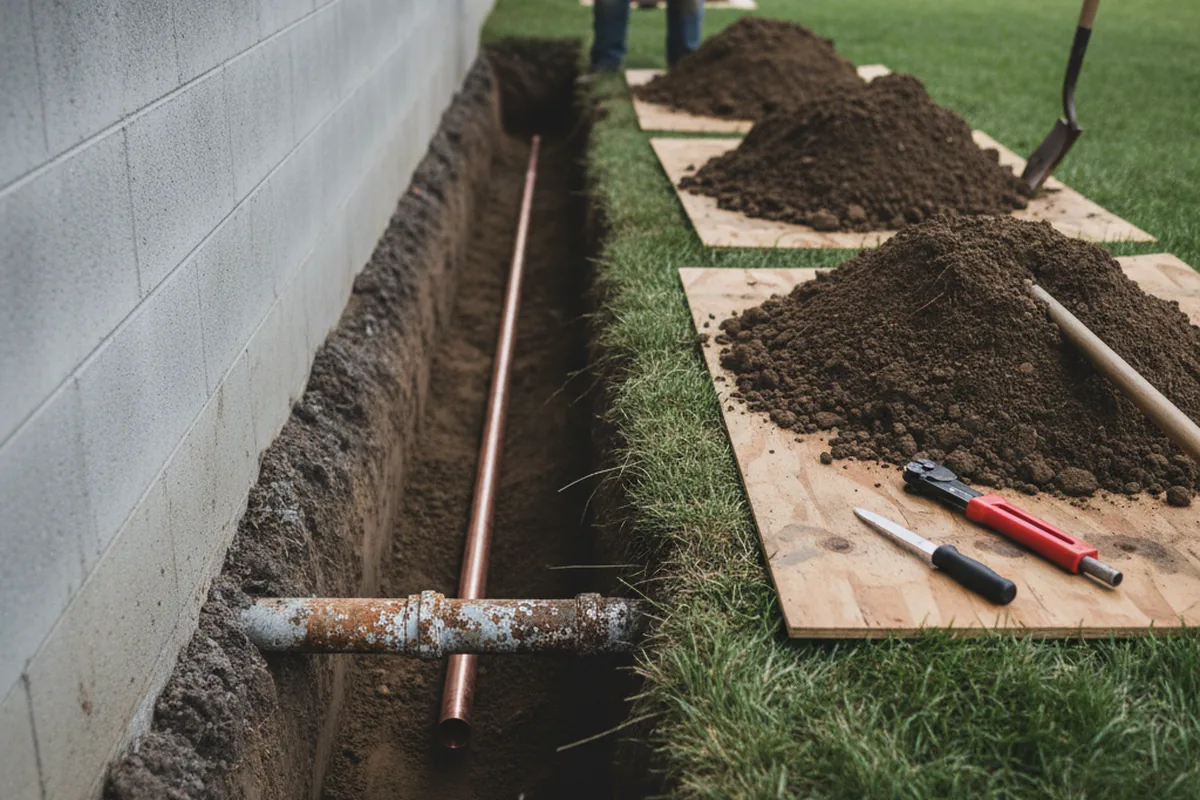 Excavated water line trench during Sewer Line Repair in Lookout Mountain